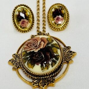 Coventry Ceramic/Porcelain Oval Rose Pendant and Clip Earrings.